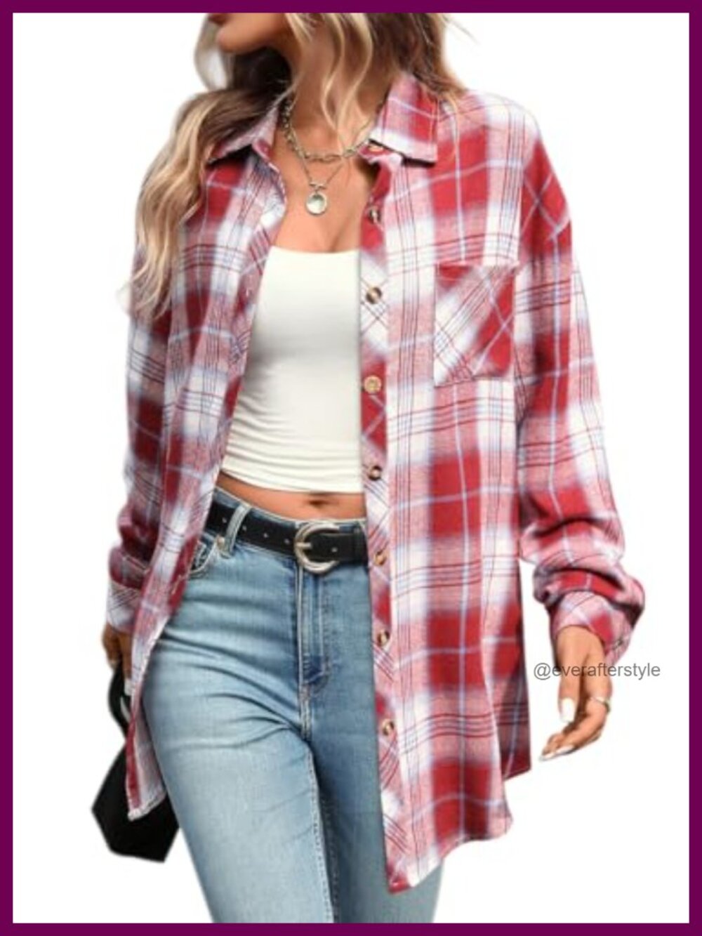 Oversized Flannel Shirt Long Sleeve Button Down Plaid Business Casual Top